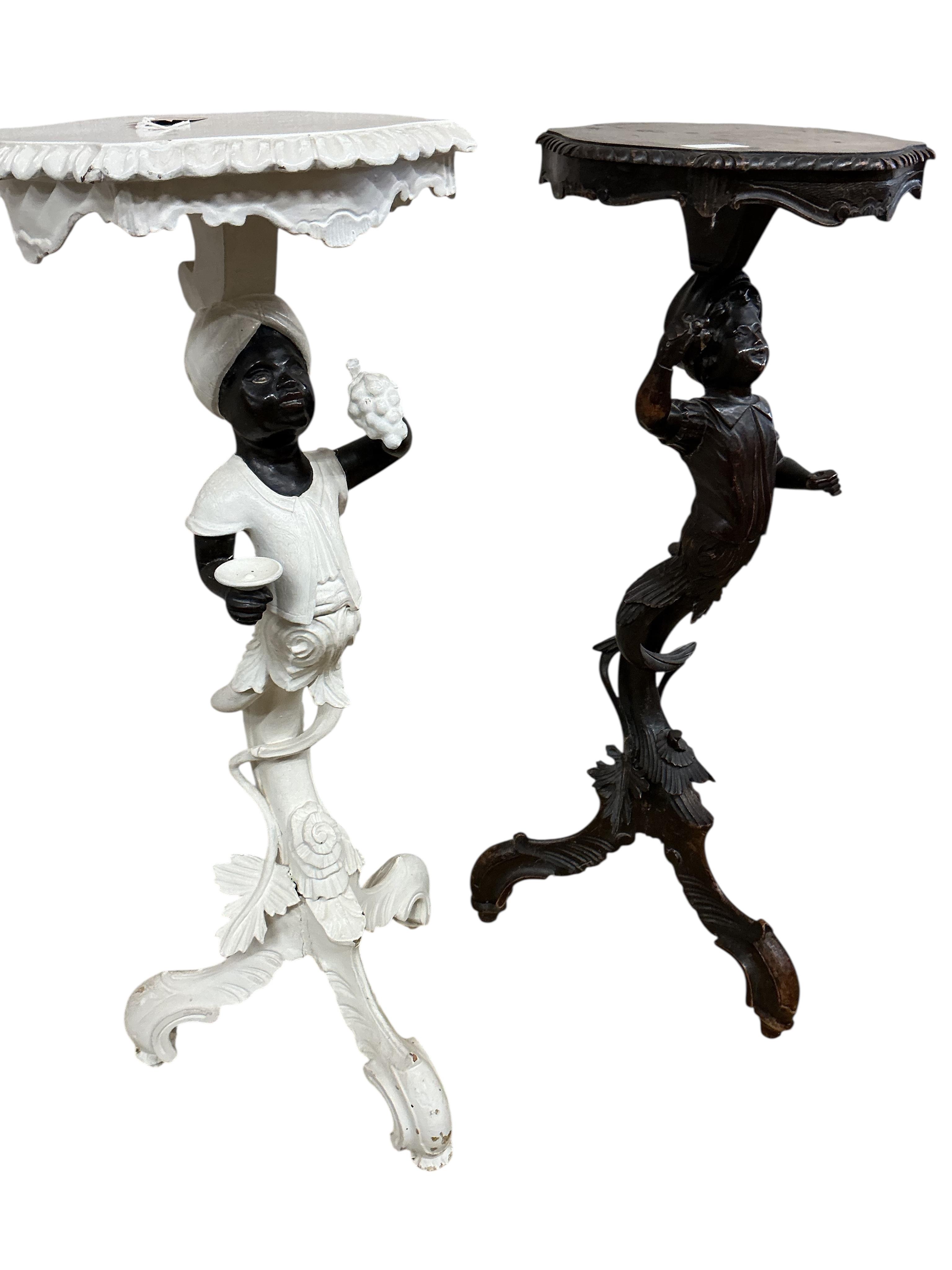 A near pair of Italian carved walnut Blackamoor torcheres, one later painted, larger 94cm